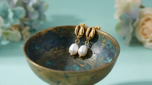 Golden Pearl Bean Vergoldete Ohrstecker mit Süßwasserperlen & Kaffeebohnen-Design